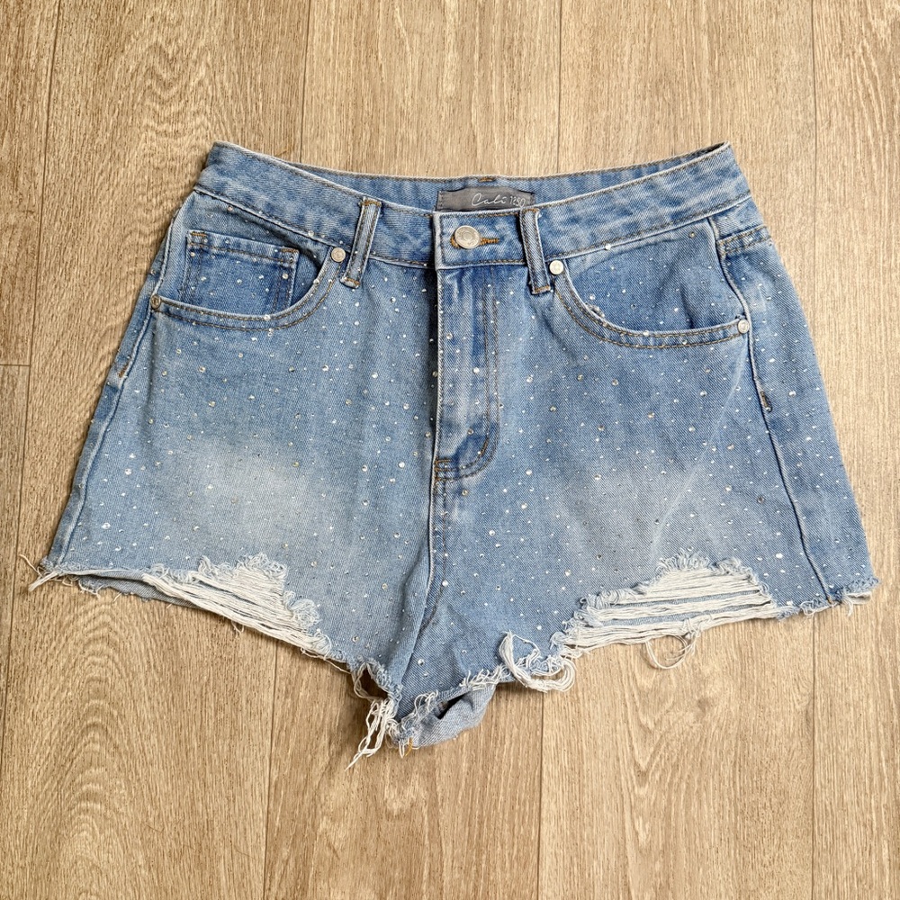Cali 1850 Rhinestone Distressed Denim Shorts